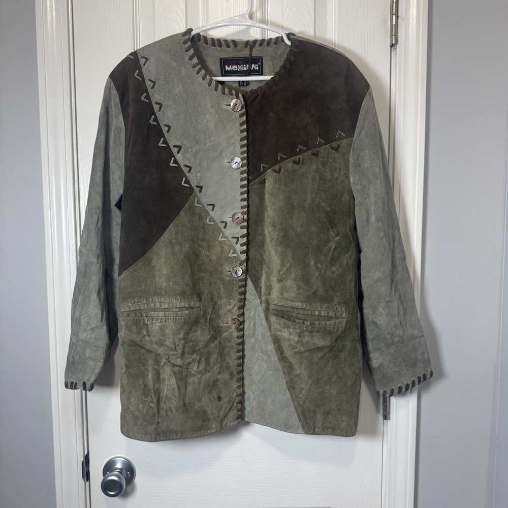GIORGIO MOBIANI Womens Suede Leather Overcoat 14 Large Green Brown Patchwork Vtg